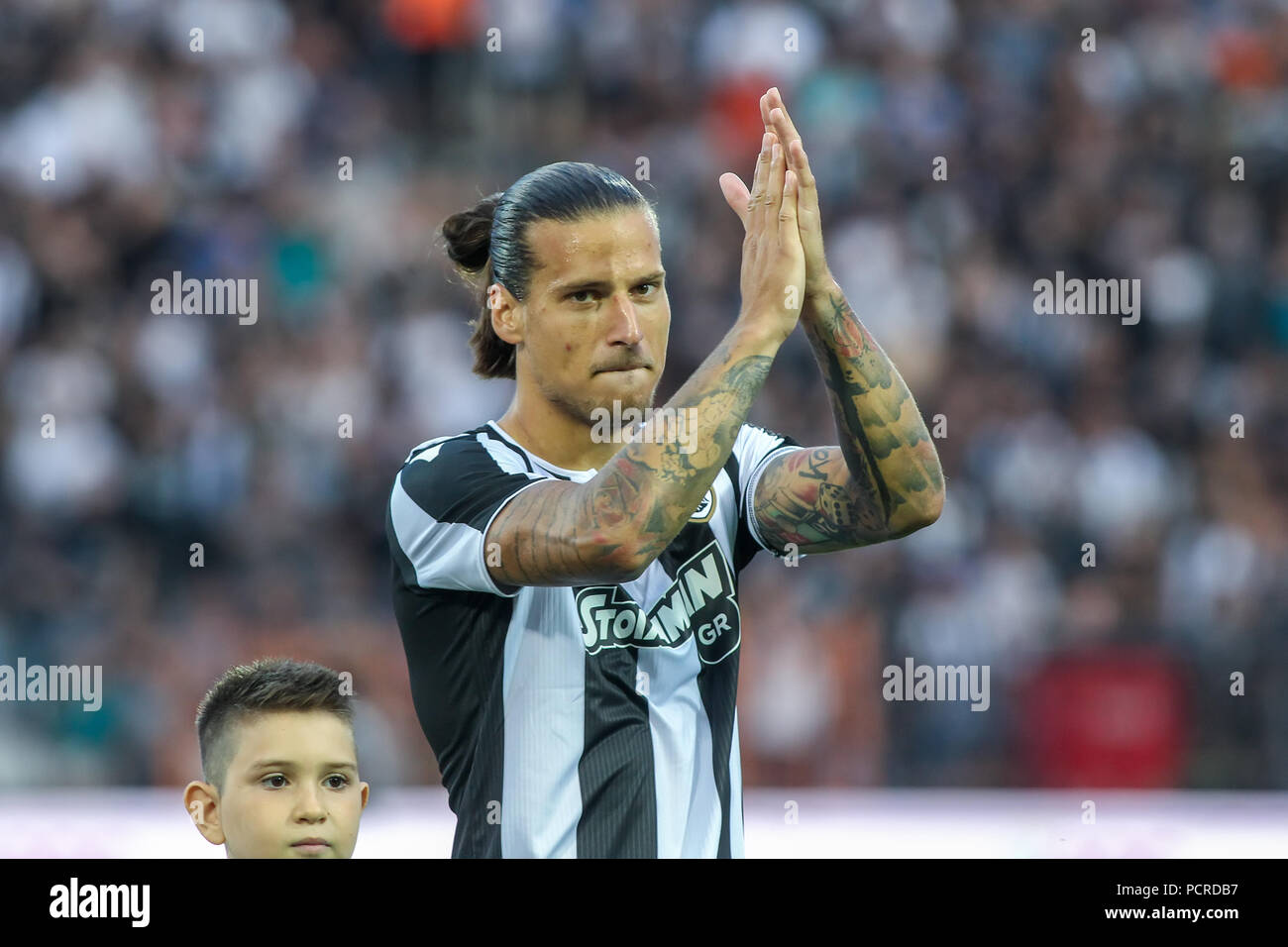 Thessaloniki, Greece - July 24, 2018: Player of PAOK Aleksandar Prijovic in action during the UEFA Champions League Second qualifying round , 1st  mat Stock Photo