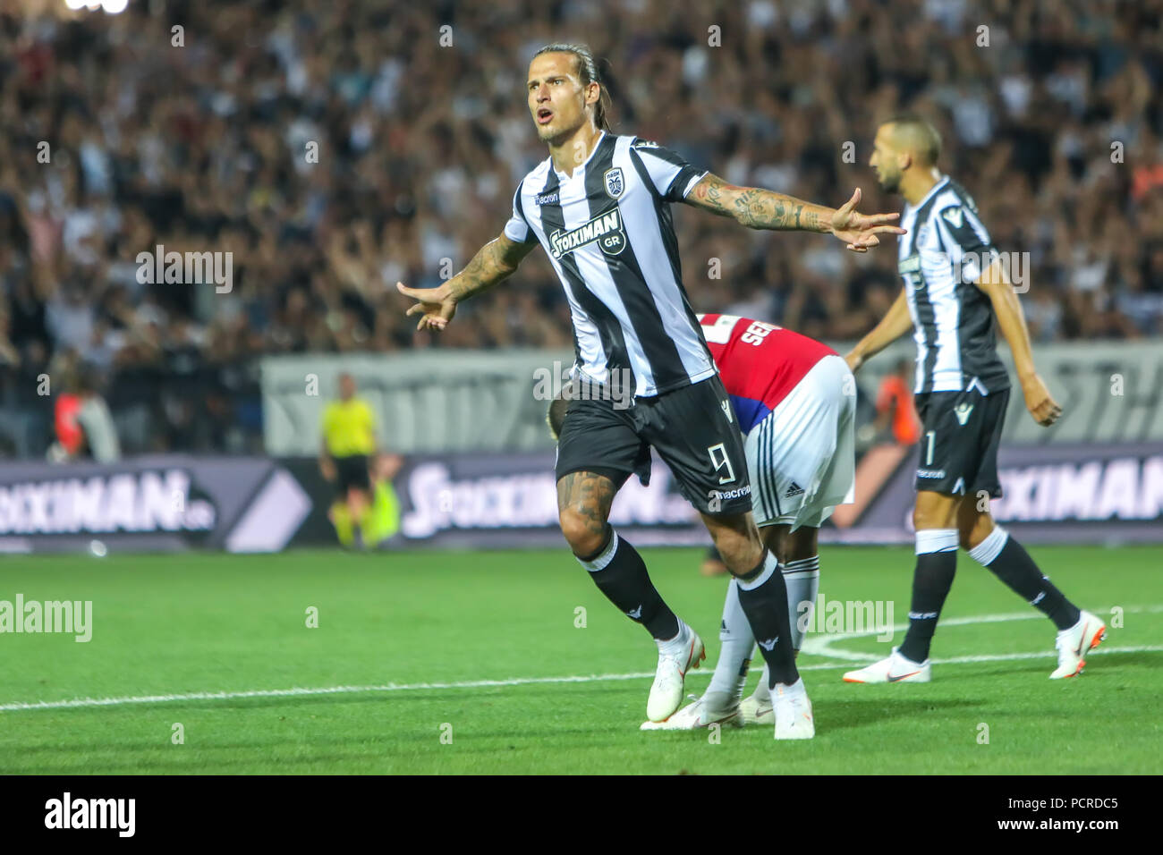 Thessaloniki, Greece - July 24, 2018: Player of PAOK Aleksandar Prijovic in action during the UEFA Champions League Second qualifying round , 1st  mat Stock Photo