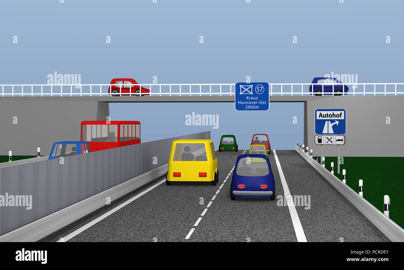 Highway with colorful cars and traffic signs. Text: truckstop and cross Hannover east in German. 3d rendering Stock Photo