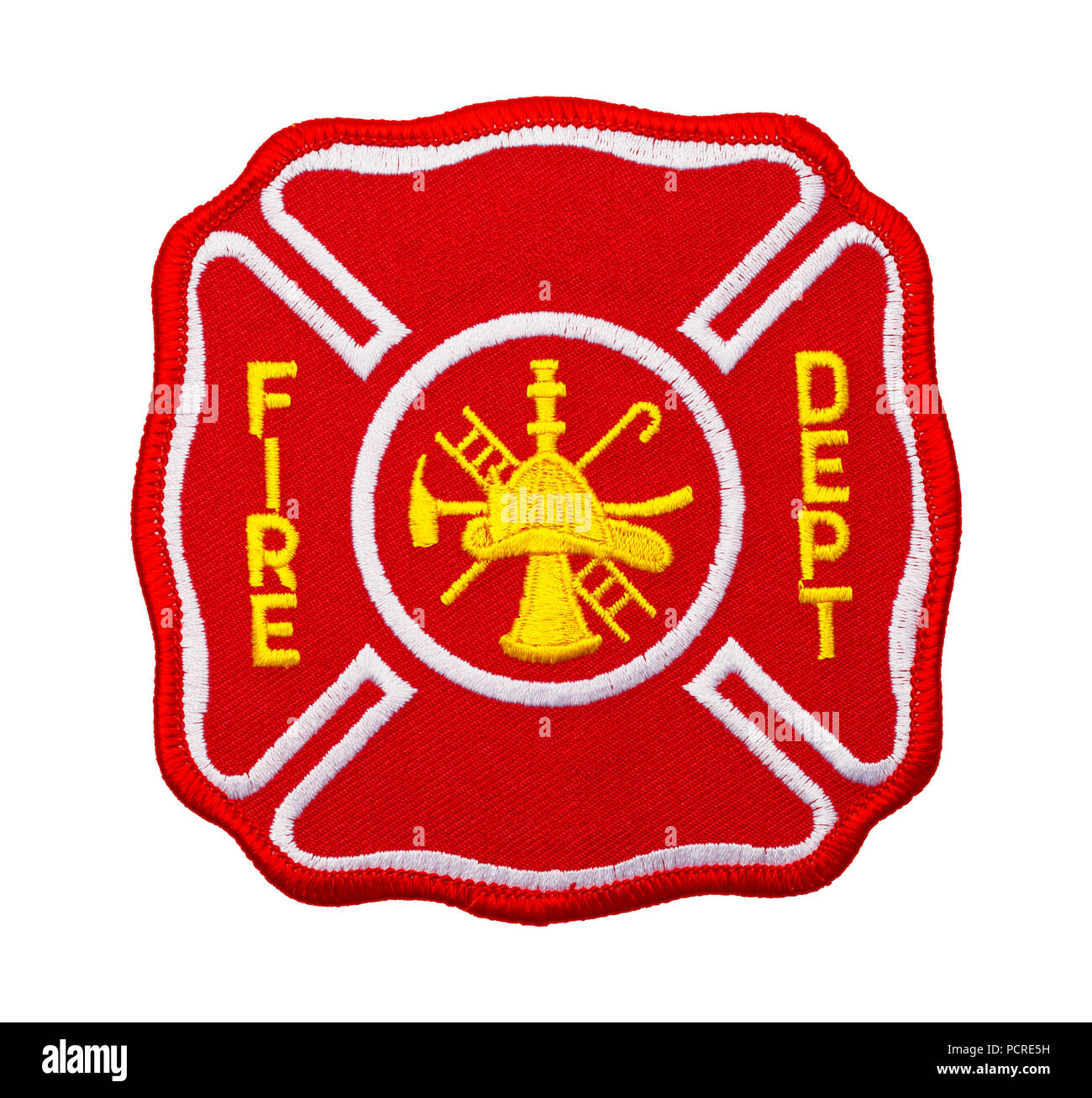 Red Fire Department Patch Isolated on White Background. Stock Photo