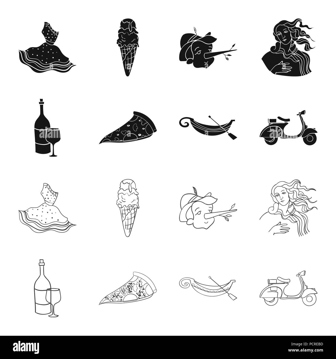 A bottle of wine, a piece of pizza, a gundola, a scooter. Italy set collection icons in black,outline style vector symbol stock illustration . Stock Vector