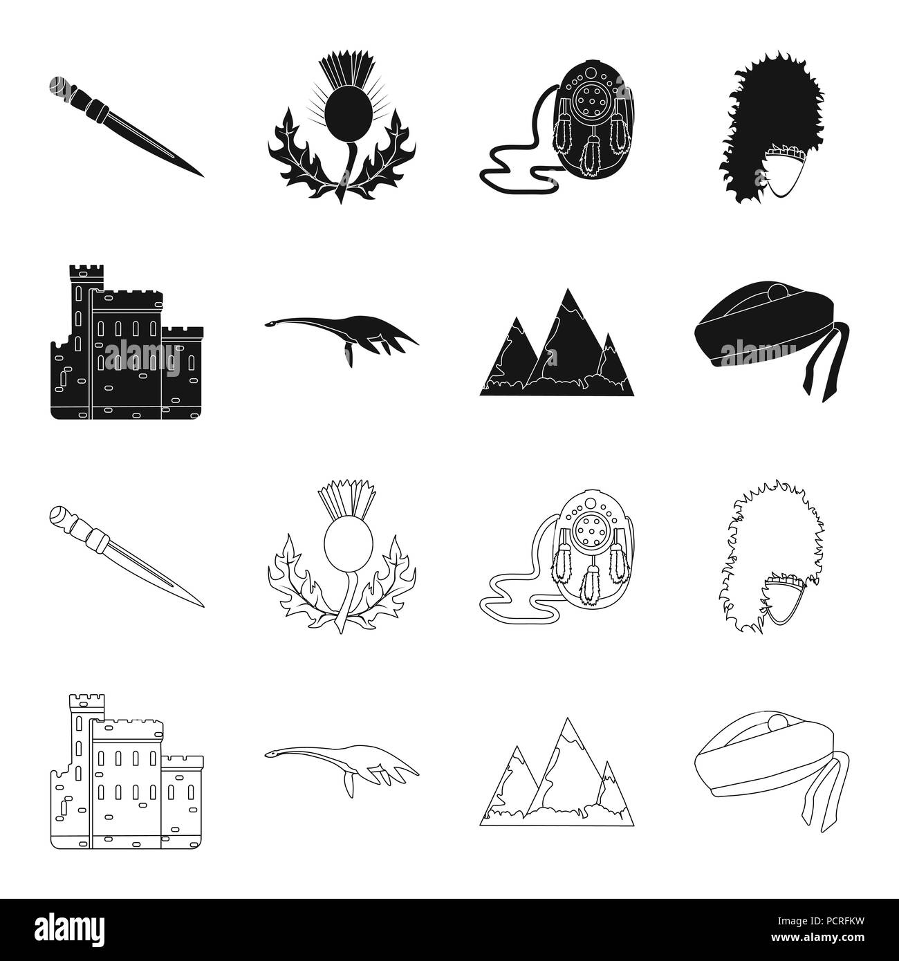 Edinburgh Castle, Loch Ness Monster, Grampian Mountains, national cap balmoral,tam shanter. Scotland set collection icons in black,outline style vecto Stock Vector