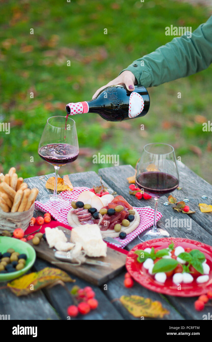 Italian picnic with red wine, parmesan, ham and olives. Lunch in the