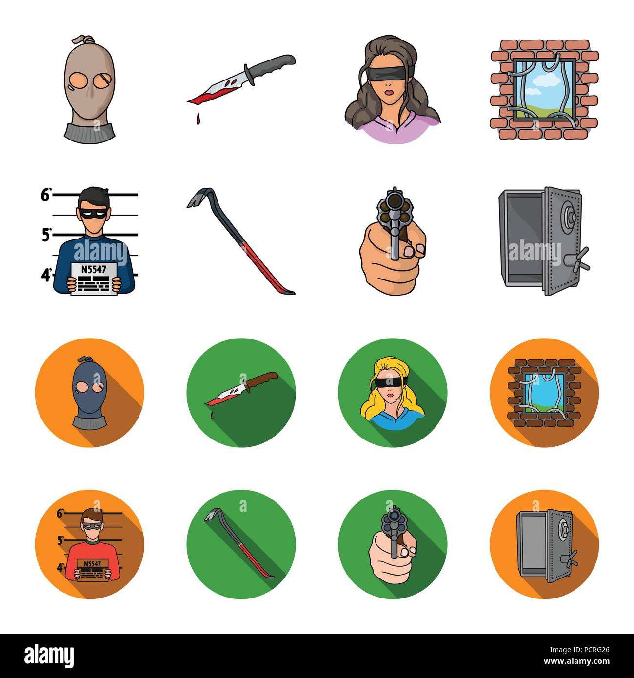 Photo of criminal, scrap, open safe, directional gun.Crime set collection icons in cartoon,flat style vector symbol stock illustration . Stock Vector