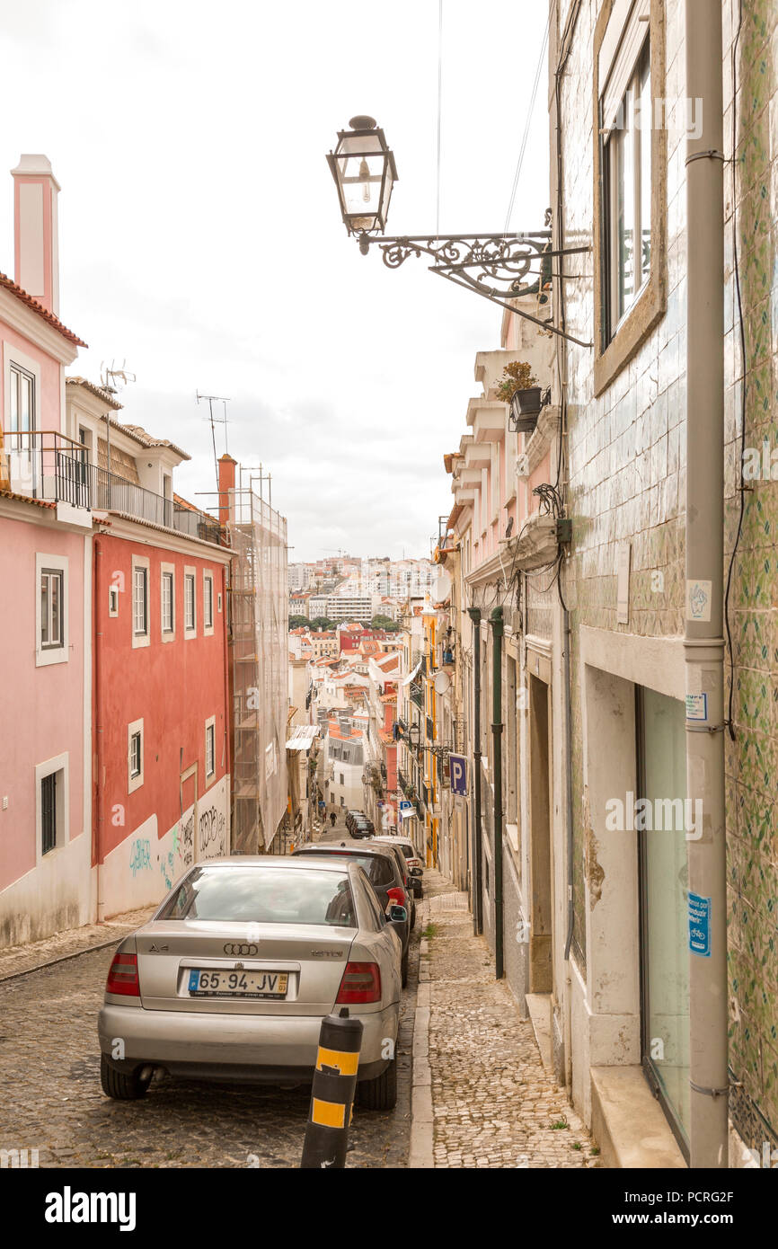 Typical narrow and steep street of the Bairro Alto neighborhood of ...