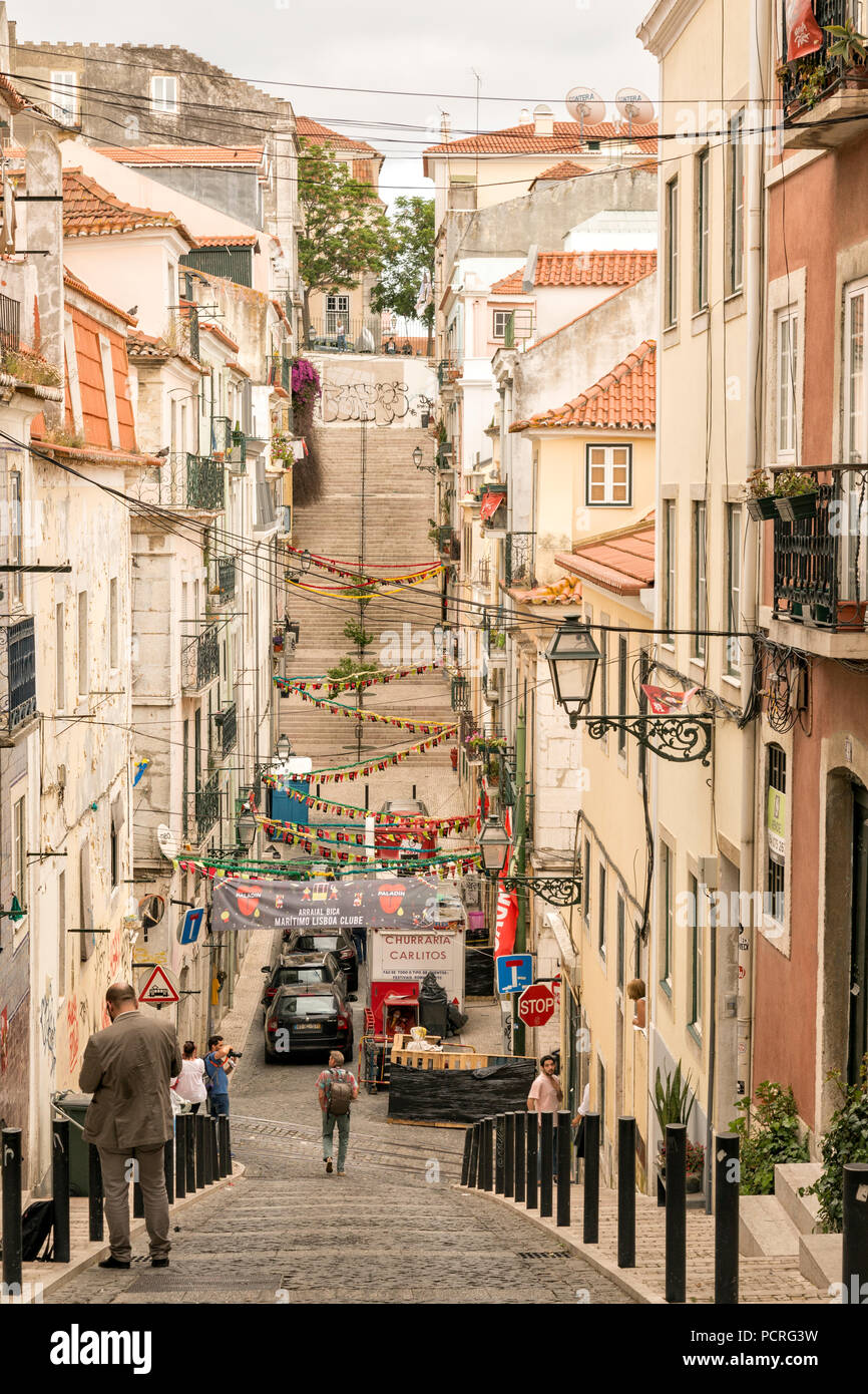 Typical hilly street in the Bairro Alto area of Lisbon Portugal Stock
