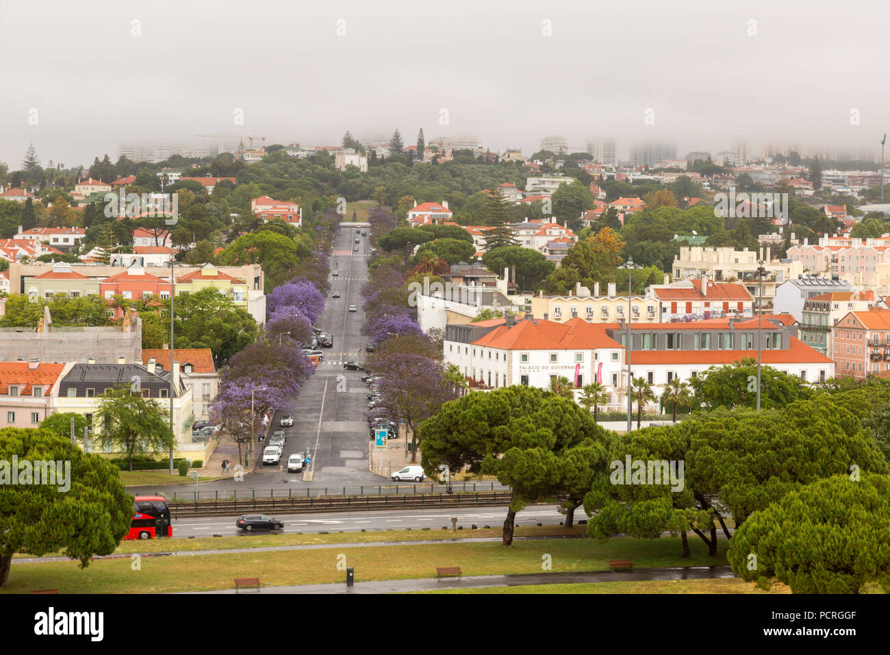 View of Lisbon from the top of the Belem Tower. The street is lined with blooming Jacaranda trees. Stock Photo