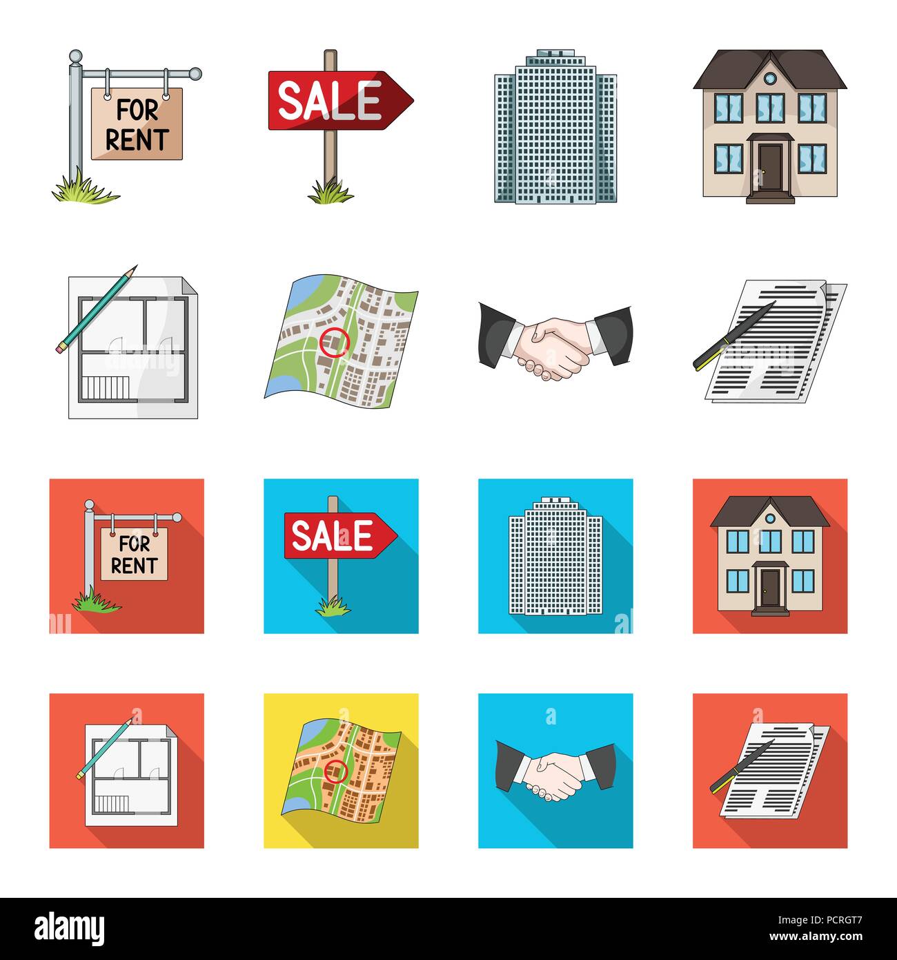 House plan, documents for signing, handshake, terrain plan. Realtor set collection icons in