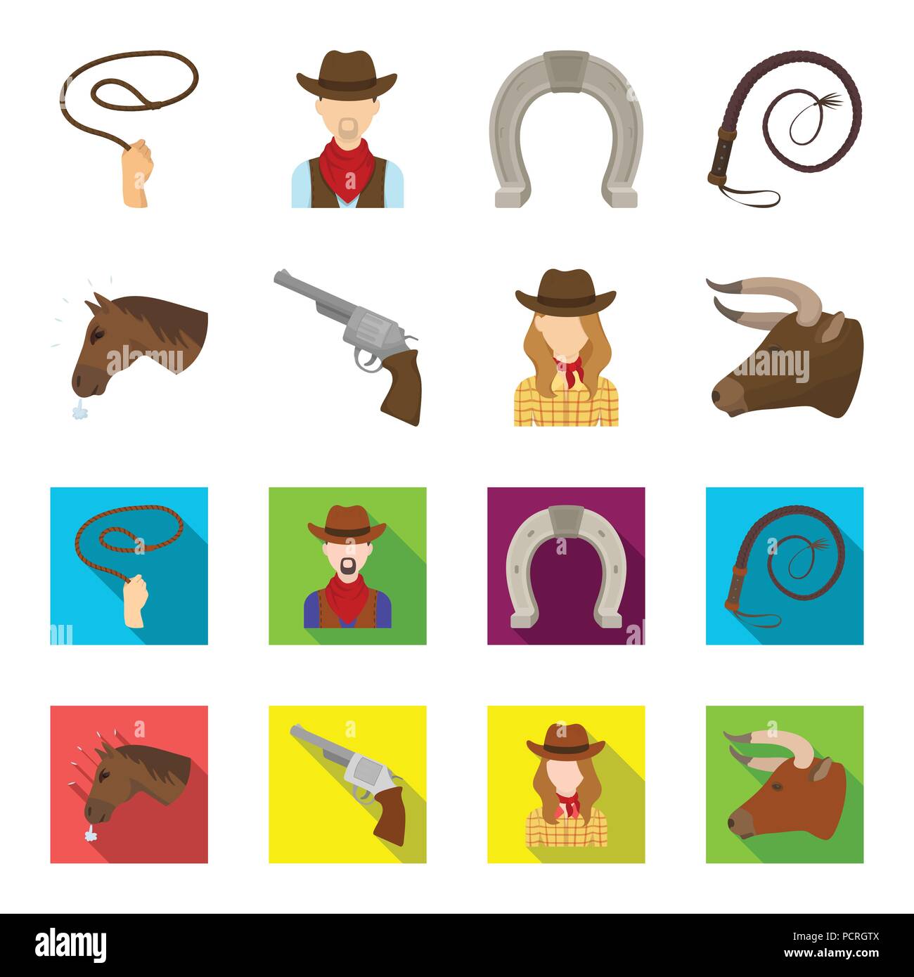 Head of a horse, a bull head, a revolver, a cowboy girl. Rodeo set ...