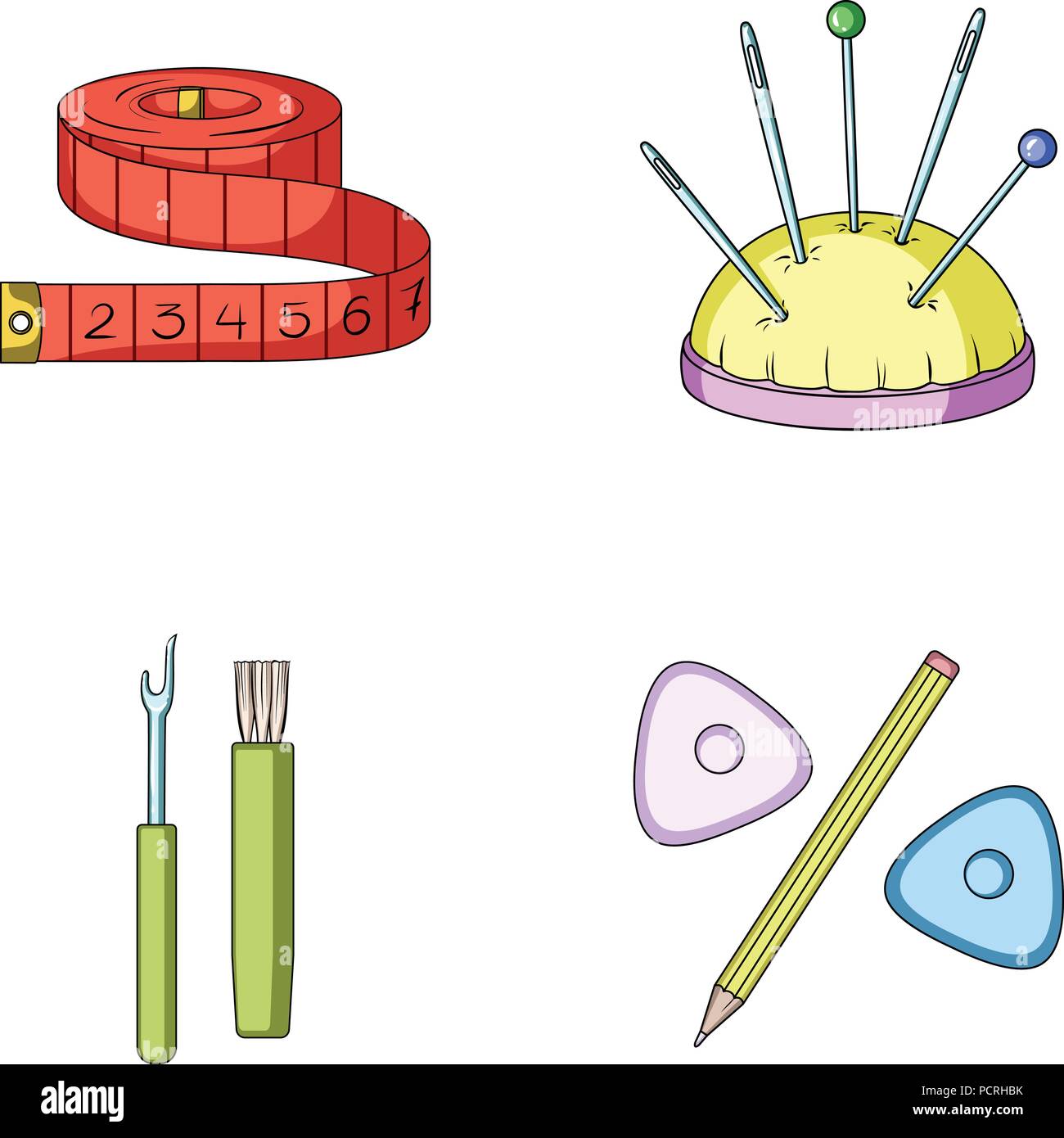 Measuring tape, needles, crayons and pencil.Sewing or tailoring tools ...