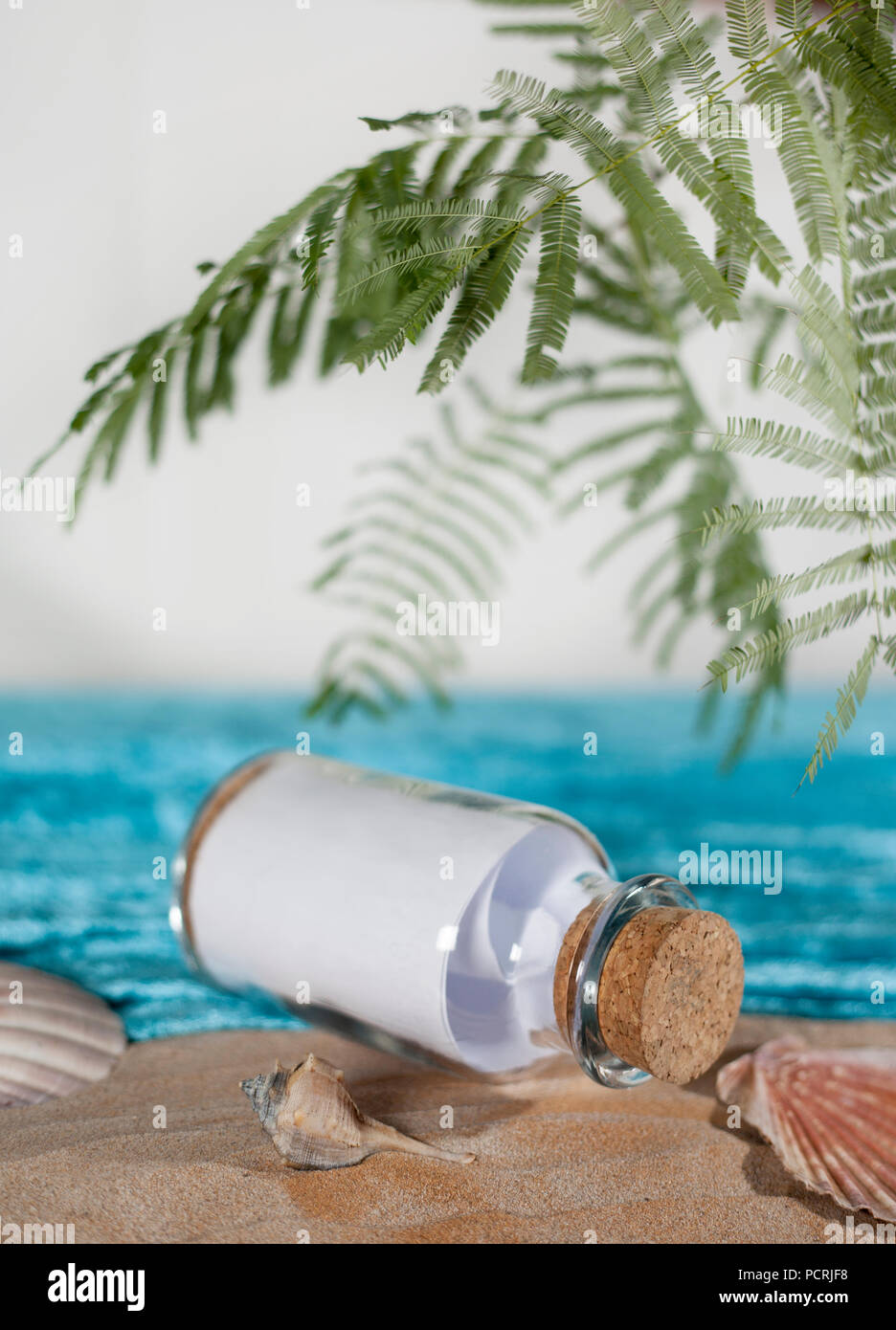 Stranded bottle message note with cork on a beautiful holiday beach with palms Stock Photo