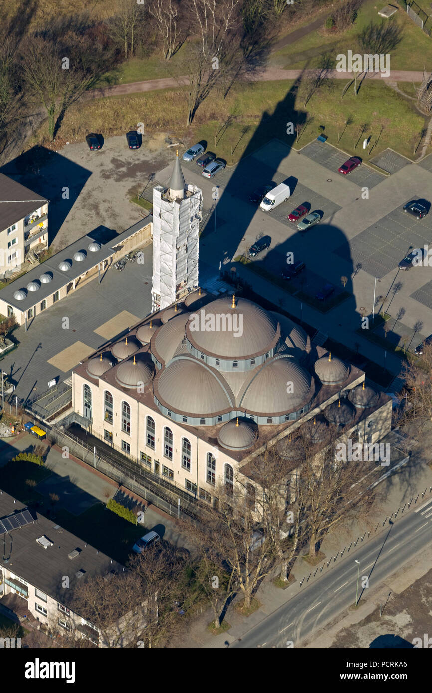 Aerial photo, DITIB-Merkez Mosque, Germany's largest mosque, Duisburg, Duisburg-Nord, Ruhr area, North Rhine-Westphalia, Germany, Europe Stock Photo