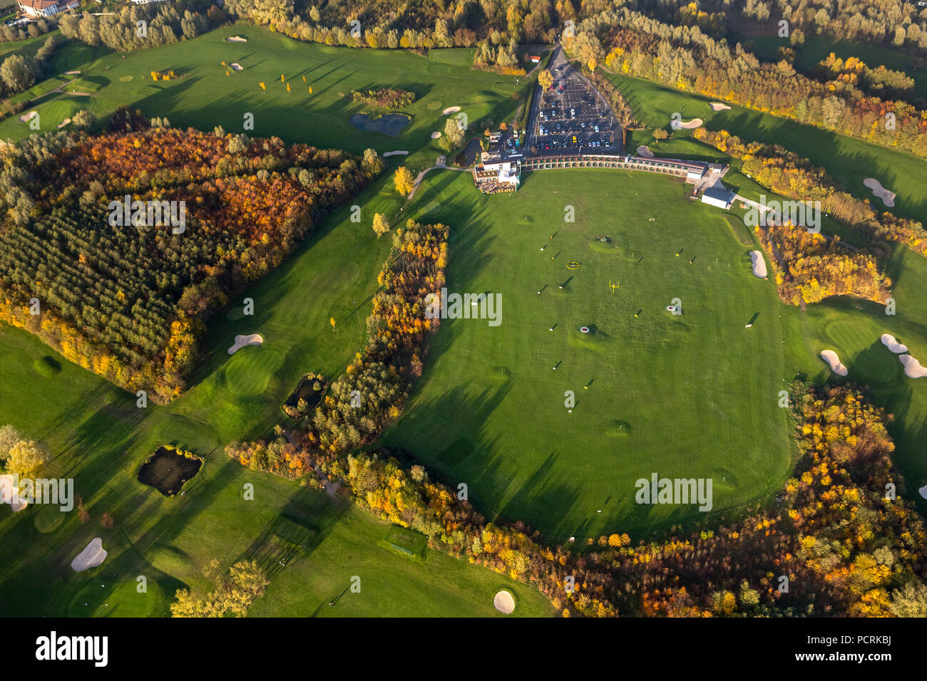 Duisburg Huckingen Golf and More, Duisburg golf course, bunkers, sand pits, on Lake Remberger See, aerial view of Duisburg, Ruhr area Stock Photo