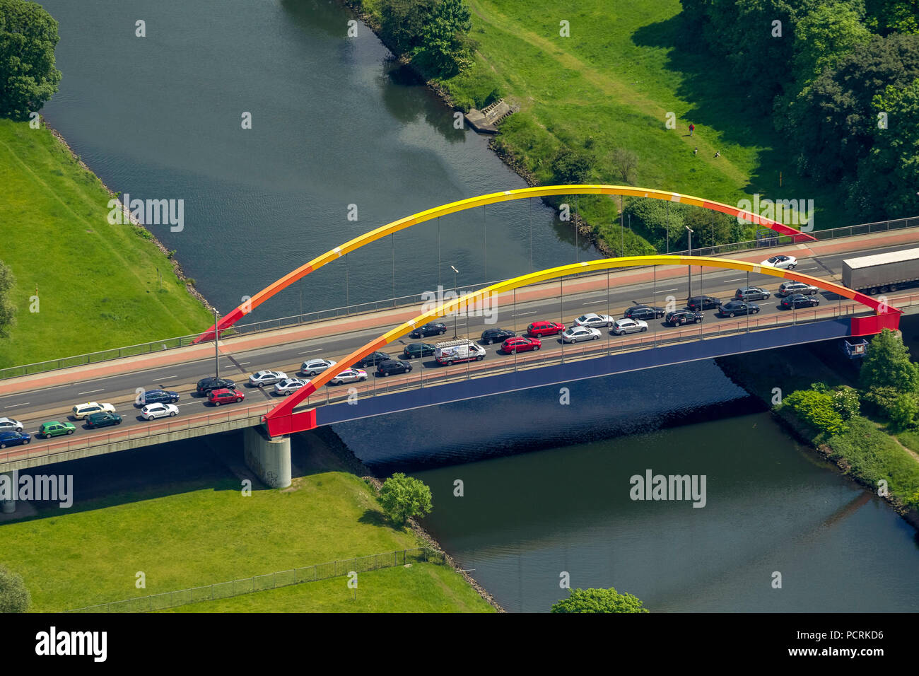 Traffic jam on the Aackerfähr Bridge, Ruhr bridge, Duisburg, Ruhr area Stock Photo