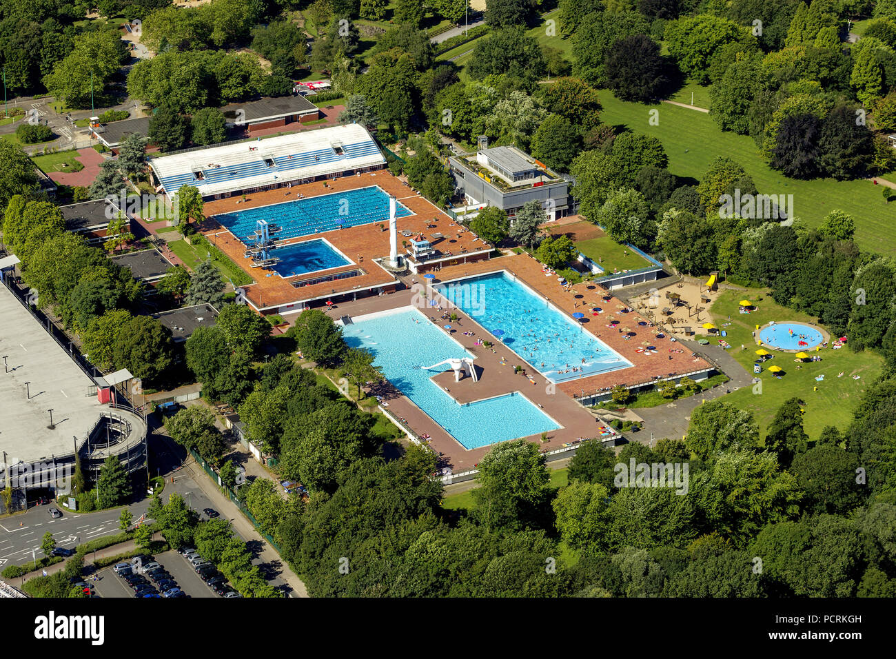 Aerial photo, Grugabad Essen, outdoor swimming pool, Essen, Ruhr area, North Rhine-Westphalia, Germany, Europe Stock Photo
