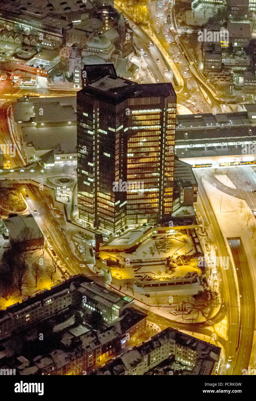Aerial photo, night shot, city hall of Essen by night, city administration, highrise, Essen, Ruhr area, North Rhine-Westphalia, Germany, Europe Stock Photo