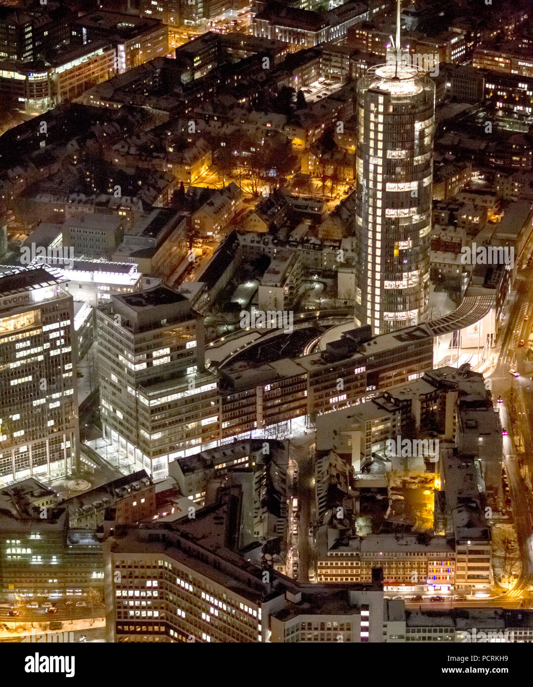 Aerial photo, night shot, RWE highrise, RWE headquarters at night, Essen, Ruhr area, North Rhine-Westphalia, Germany, Europe Stock Photo