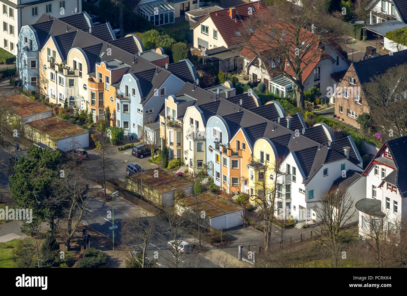 Aerial photo, terraced apartment buildings, dormers, nice residential area at Frankenstraße Haraldstraße junction, Essen, Ruhr area Stock Photo