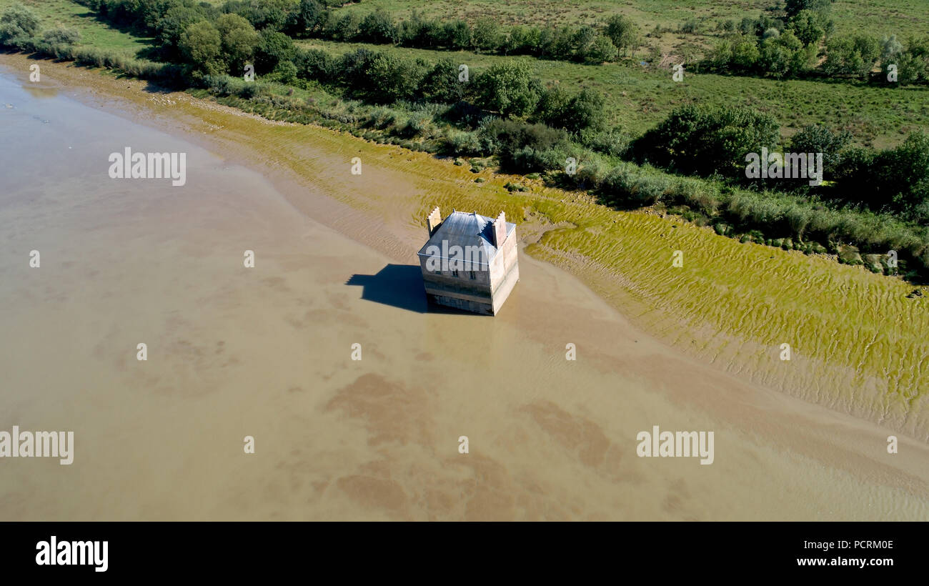 Aerial photo of the house flooded in the Loire river, Coueron Stock Photo