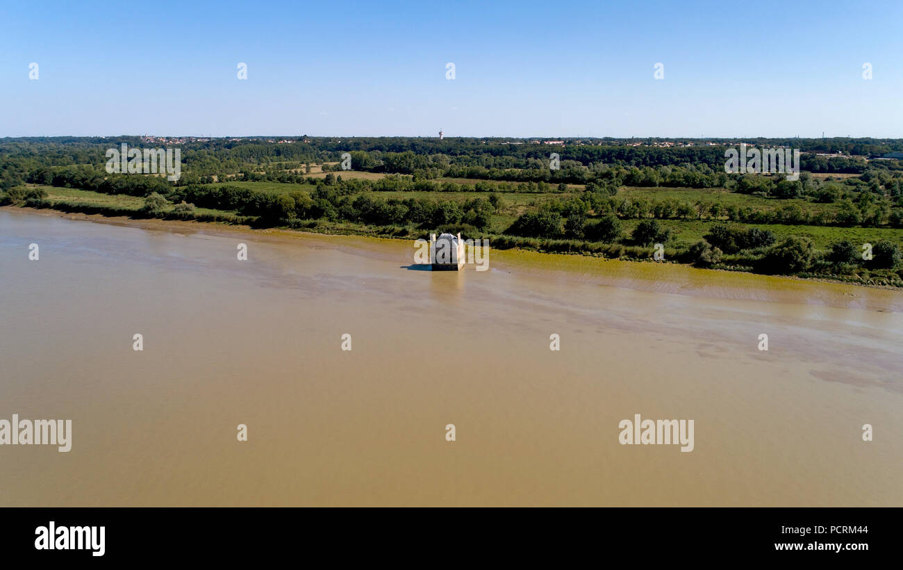 Aerial photo of the house flooded in the Loire river, Coueron Stock Photo