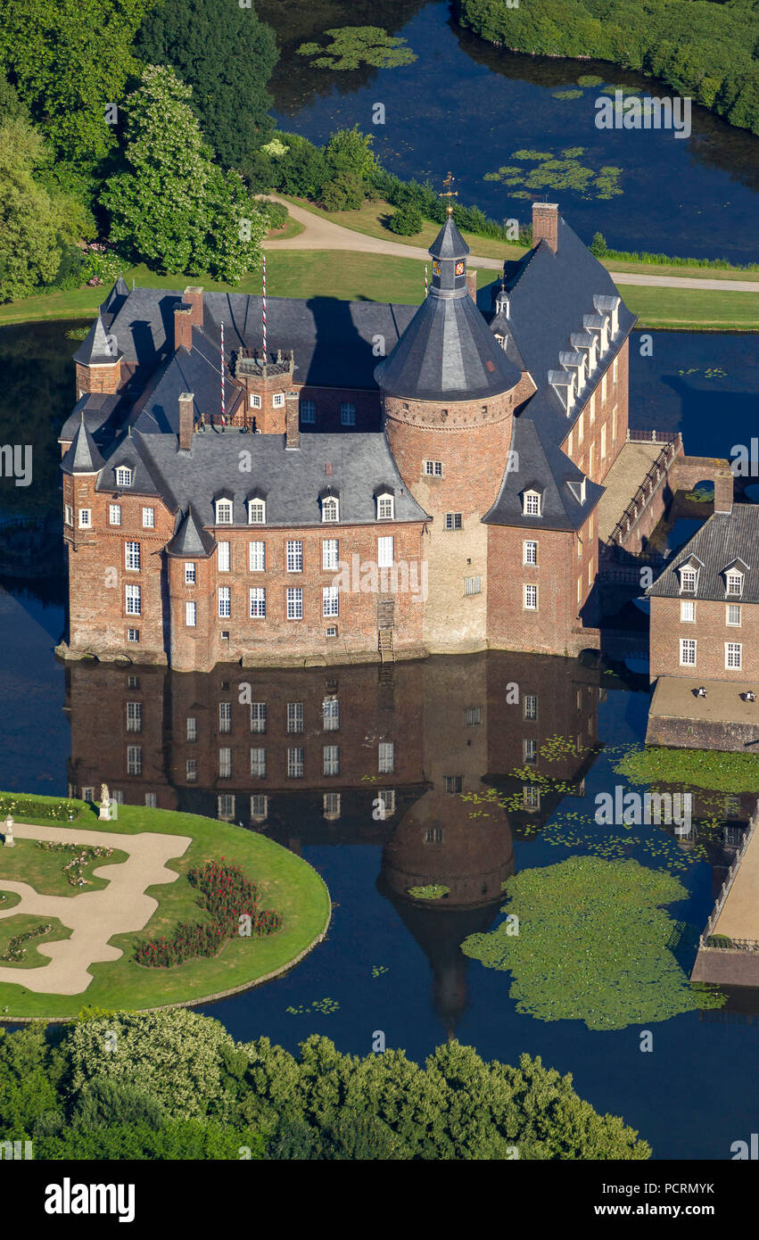 Water castle Anholt in private ownership of the princes of Salm-Salm, Anholt castle, Anholt, aerial view of Isselburg, Lower Rhine Stock Photo