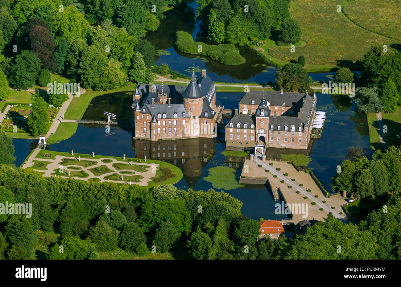 Water castle Anholt in private ownership of the princes of Salm-Salm, Anholt castle, Anholt, aerial view of Isselburg, Lower Rhine Stock Photo