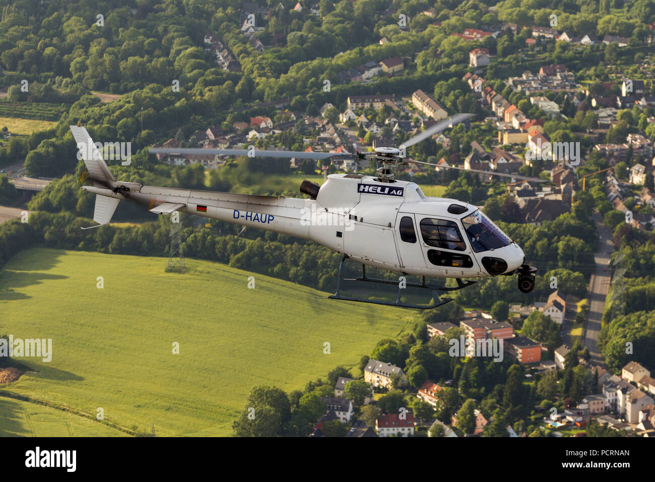 Aerial view, helicopter with video camera, Germany from top, Heli AG, high-resolution gyro-stabilized HD camera system. Especially features the Cineflex, HiDEF, camera helicopter, Witten, Ruhr area, North Rhine-Westphalia, Germany, Europe Stock Photo