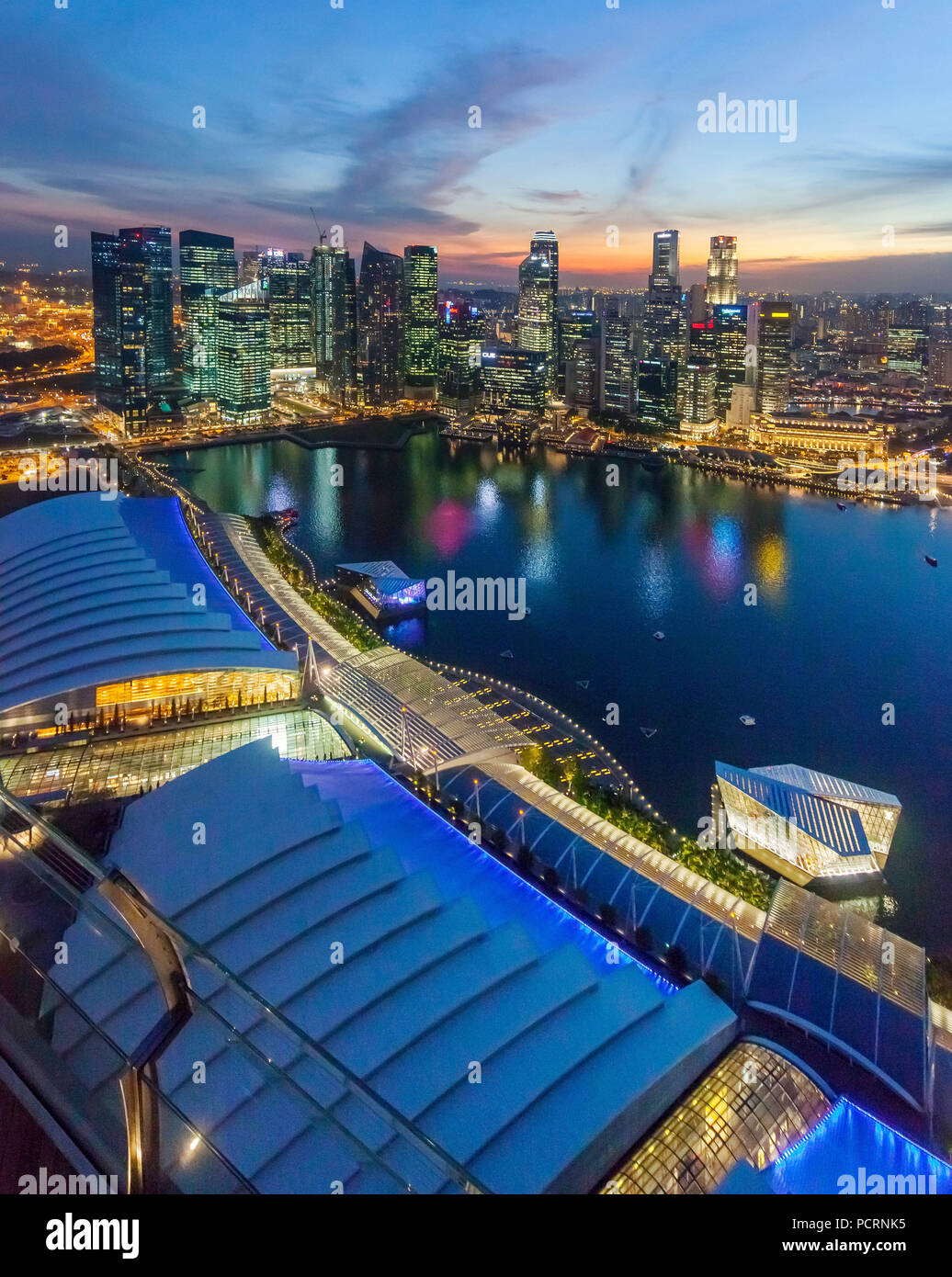 Skyline, Night Scene, Financial District, Central Business District, Marina Bay, Panoramic, Singapore, Asia, Singapore Stock Photo