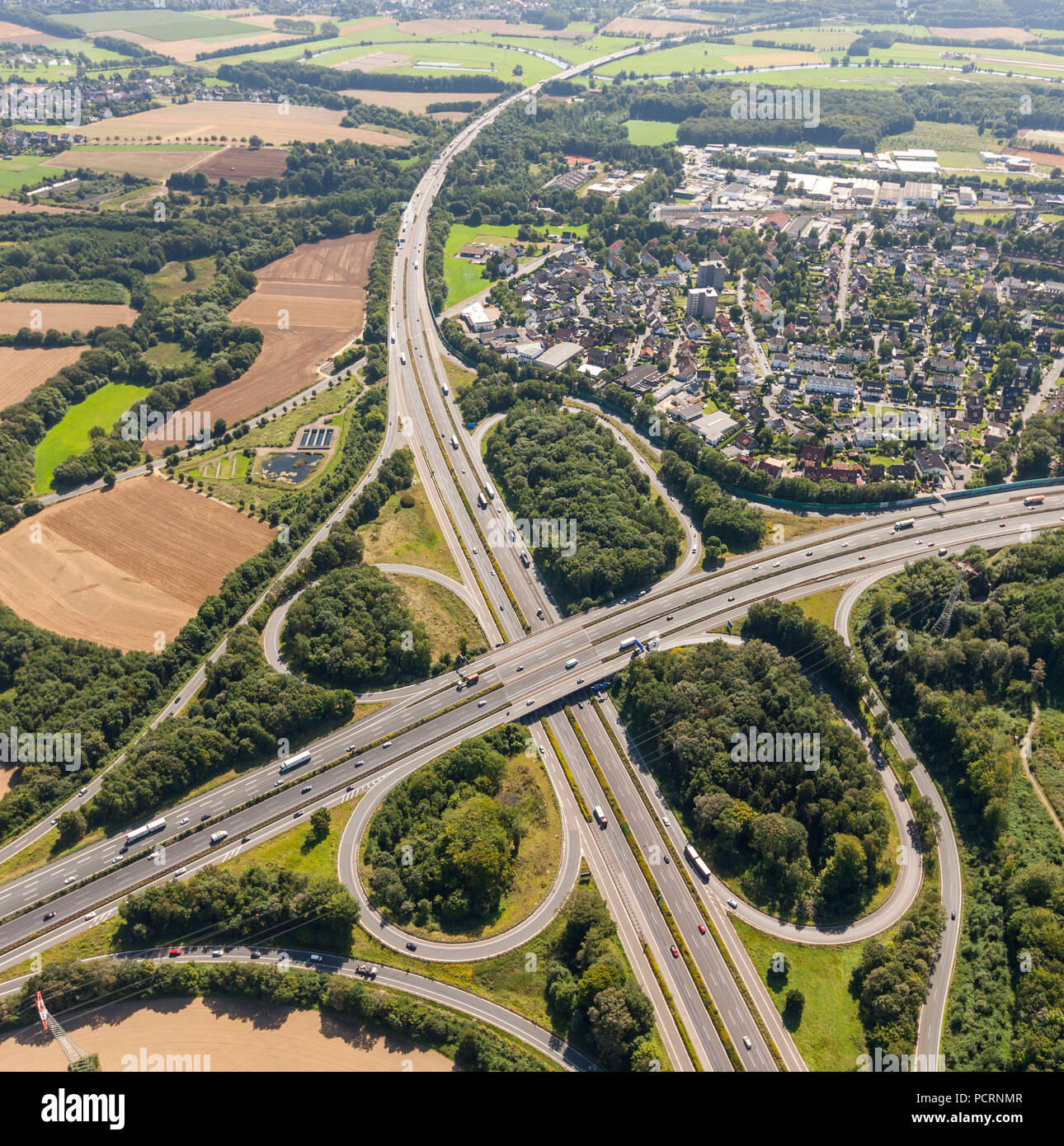 Aerial view, Autobahn A45 and A1 Westhofener Kruez, Autobahnkreuz Bundesautobahnen, Schwerte, Ruhr area, North Rhine-Westphalia, Germany, Europe Stock Photo