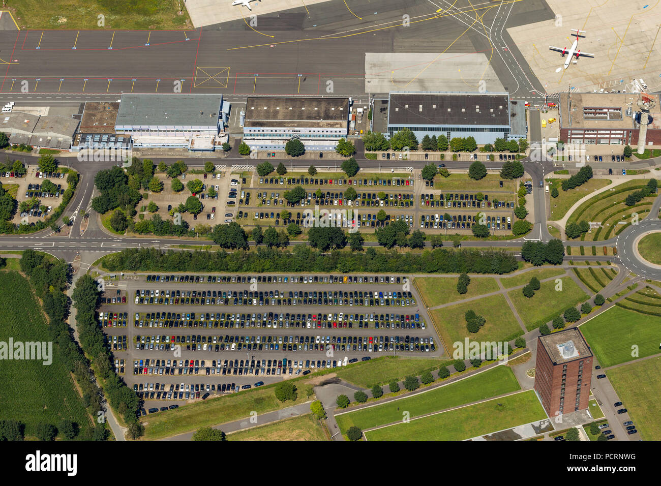 Aerial view, airport Münster-Osnabrück, runway, parking garages, parking lots Stock Photo