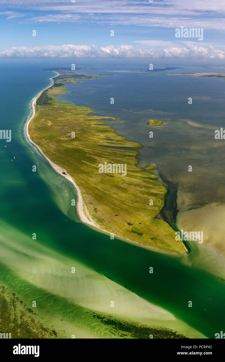 Aerial view, south of the island Hiddensee, nature reserves Gellen and Gänsewerder, nature reserve Dünenheide, heathland, Klausdorf, Baltic Sea island, Mecklenburg-West Pomerania, Germany, Europe Stock Photo