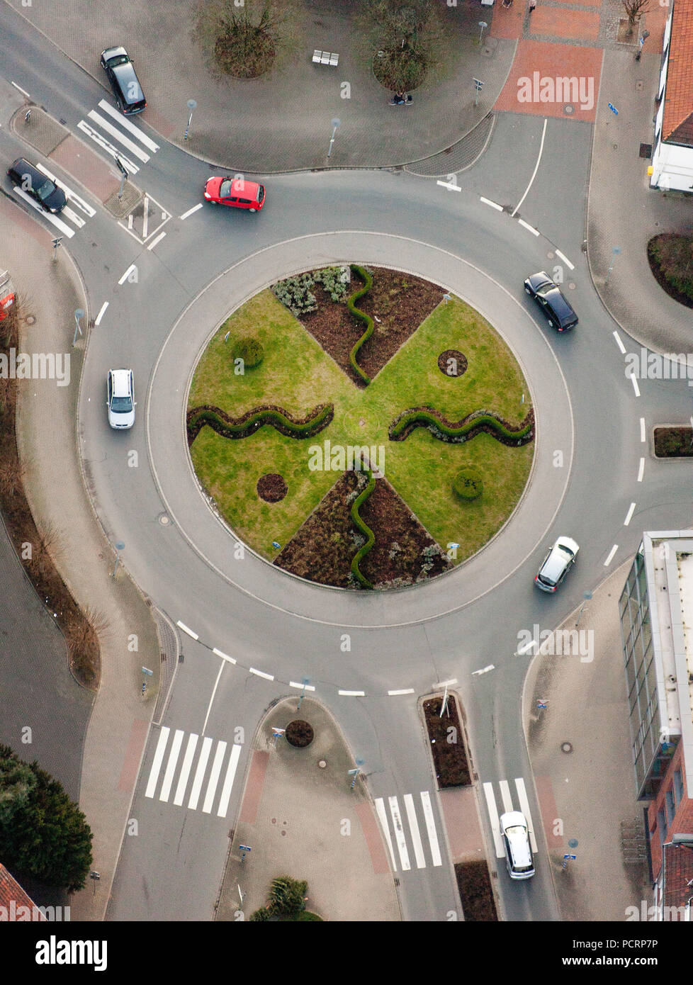 Aerial view, roundabout at the Volksbank Haltern, traffic island on the roundabout, Haltern am See, Ruhr area, North Rhine-Westphalia, Germany, Europe Stock Photo