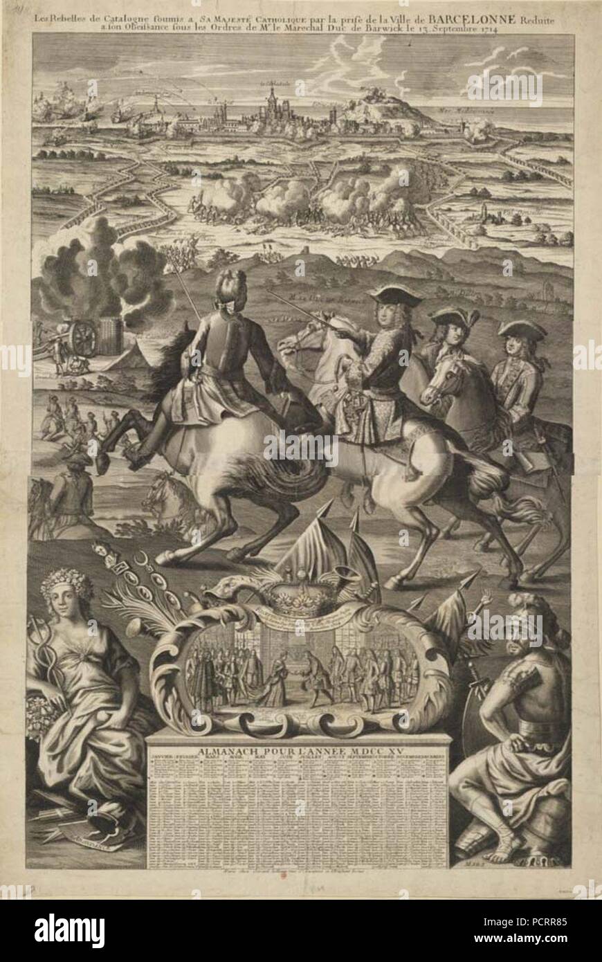 Almanach pour 1715 la prise de Barcelone par le duc de Berwick le 13 septembre 1714. Stock Photo
