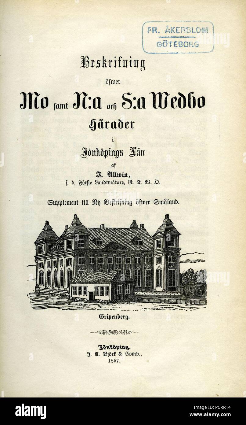 Allwin, Beskrifning öfwer Mo samt Wedbo härader (1857) titelblad. Stock Photo