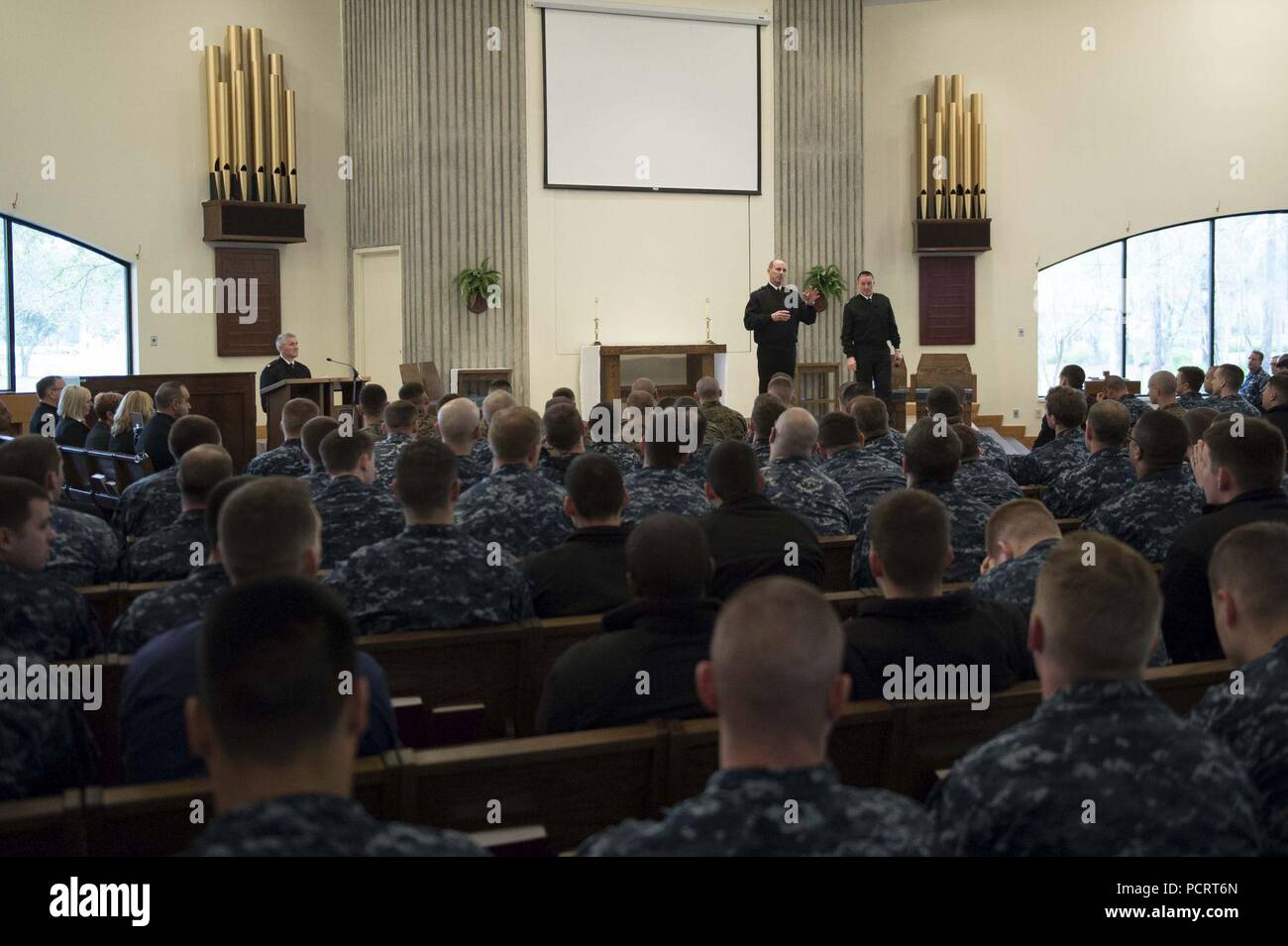 KINGS BAY, Ga. (March 18, 2014) Chief of Naval Operations (CNO) Adm. Jonathan Greenert holds an all-hands call with Master Chief Petty Officer of the Navy (MCPON) Mike Stevens at Naval Submarine Base Kings Bay to discuss the current and future status of the Navy. Greenert and Stevens also took questions from the audience about topics such as pay, compensation and quality of life. Stock Photo