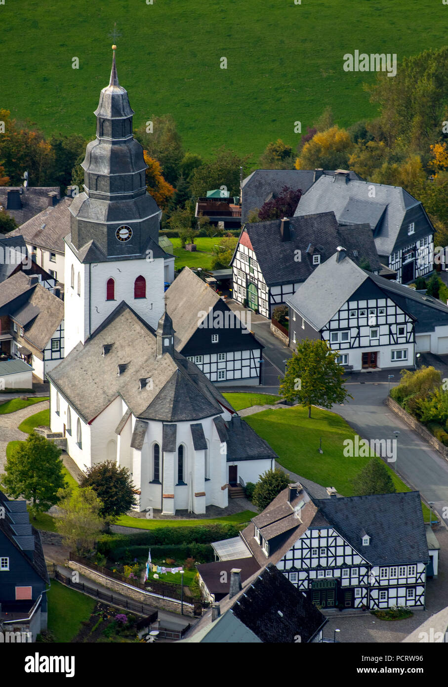 Church in Eversberg at Schlossberg, Eversberg, timber framing village, Meschede, Sauerland, North Rhine-Westphalia, Germany Stock Photo