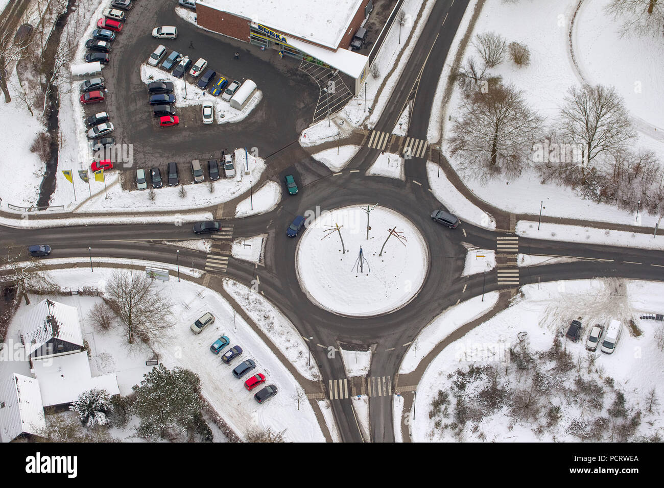 Aerial view, roundabout Hellfelder Straße, Altes Feld, Arnsberg, Sauerland, North Rhine-Westphalia, Germany, Europe Stock Photo