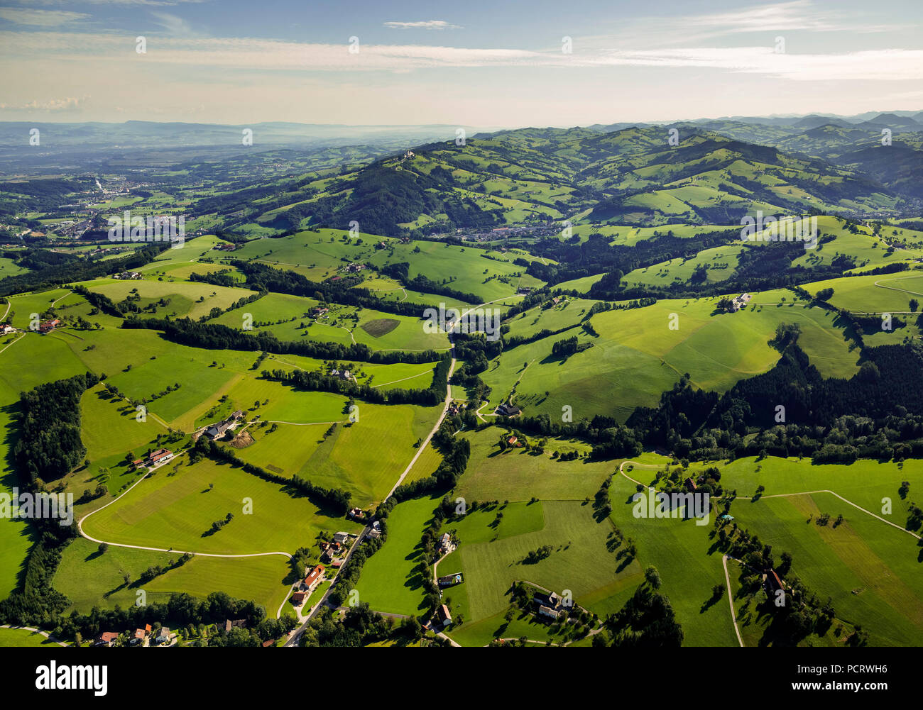 Aerial view, Alpine foothills with green meadows, Waidhofen an der Ybbs, Lower Austria, Austria Stock Photo