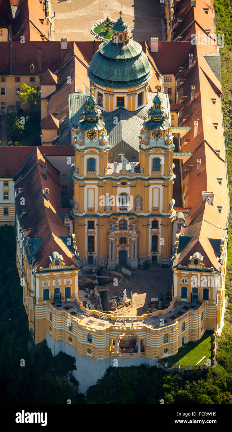 Aerial view, Benedictine Monastery, UNESCO World Heritage Site, Austrian Baroque Abbey, Wachau, Melk Abbey, Großpriel, Lower Austria, Austria Stock Photo