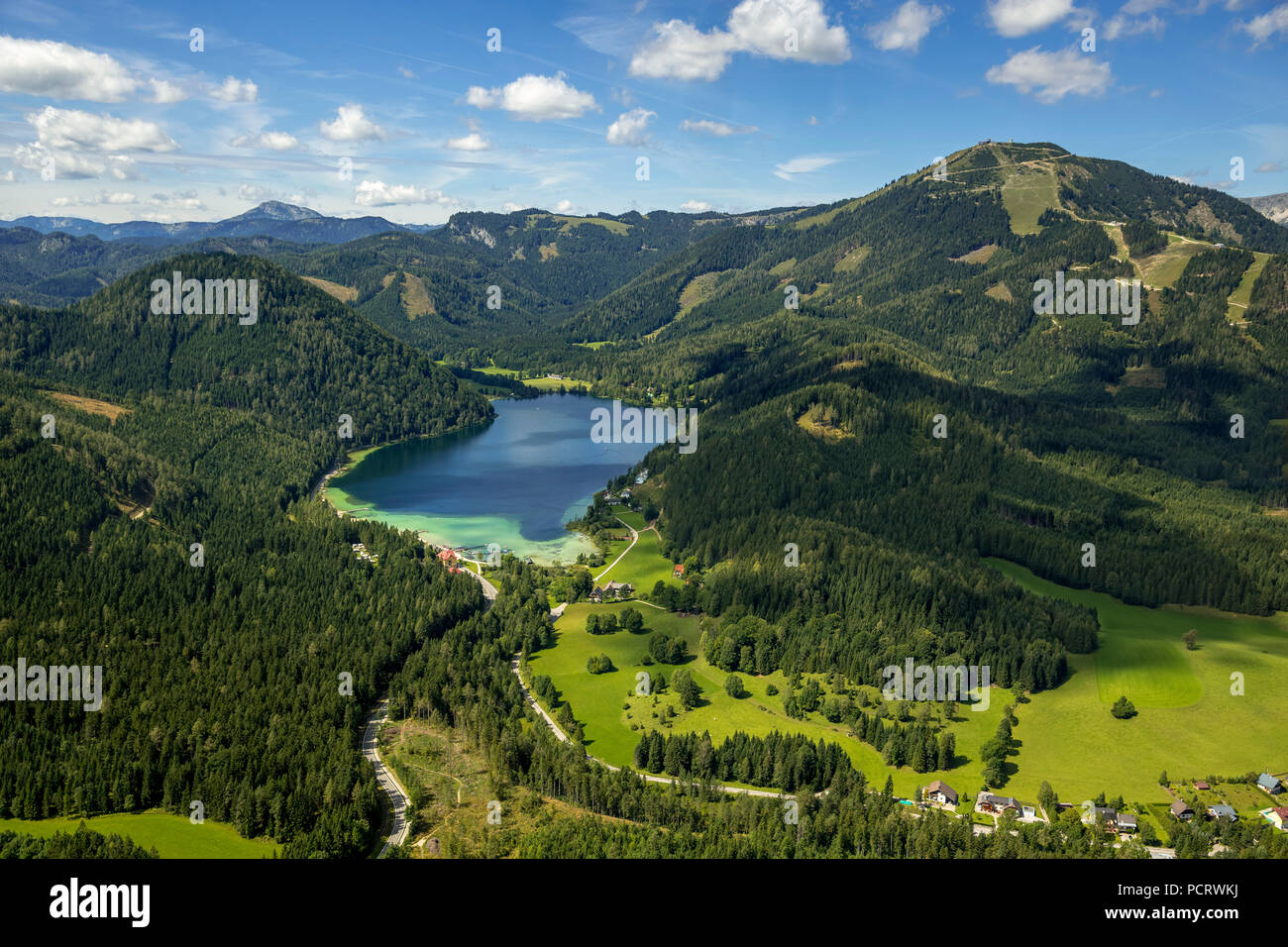 Aerial view, Erlaufsee with Gemeindealpe, Sankt Sebastian, Alpenflug (aviation company), Styria, Austria Stock Photo