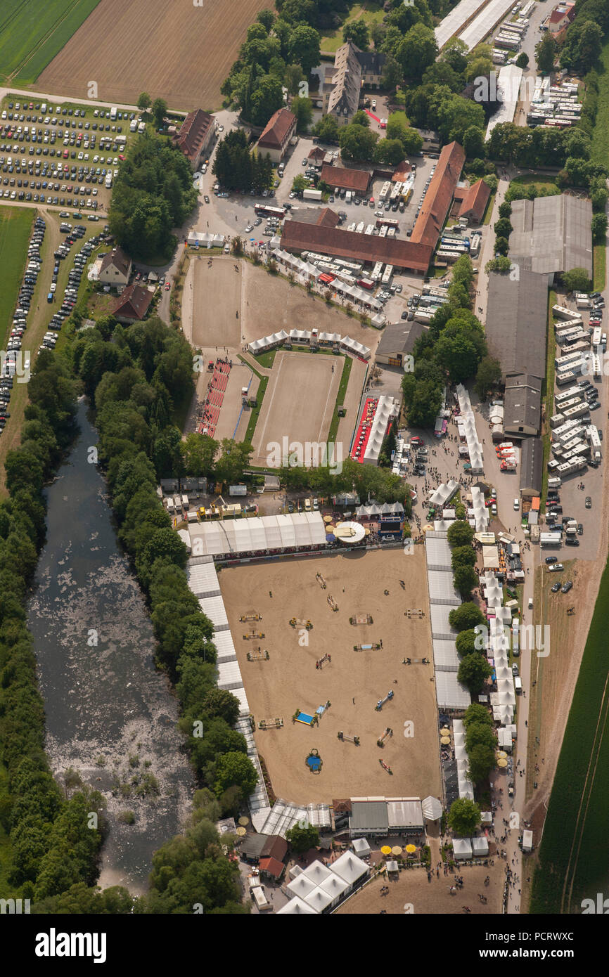 Aerial View, Horse Show, Balve Optimum, Horse Show, Jumping Horse Show, DM, Wocklum Castle near Balve, aerial view, equestrian center, Balve, Sauerland, North Rhine-Westphalia, Germany, Europe Stock Photo