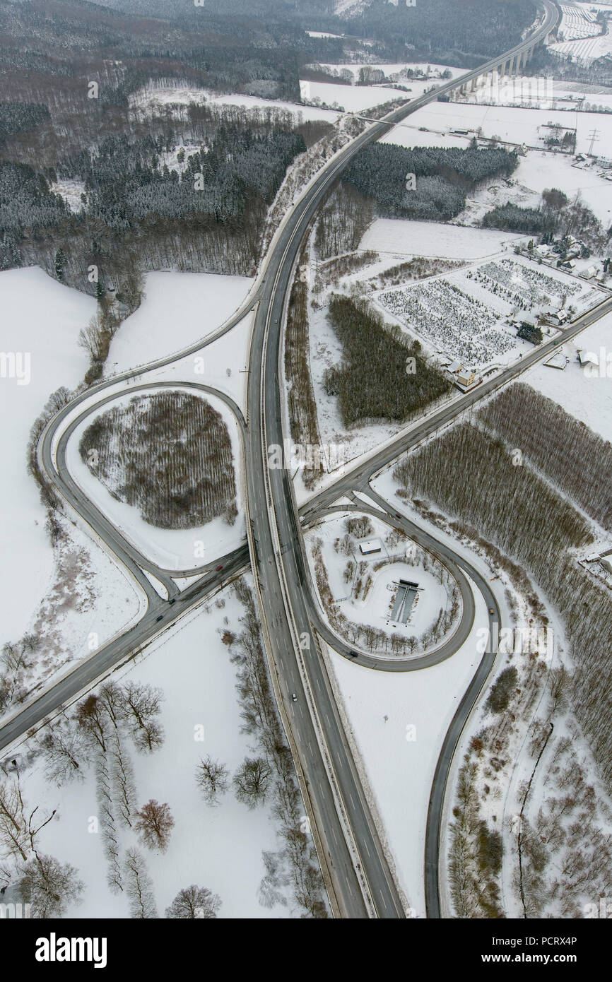 Aerial view, A44 with motorway exit Wennemen, Meschede, Sauerland, North Rhine-Westphalia, Germany, Europe Stock Photo