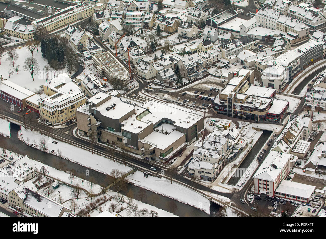 Aerial view, 'Offene Henne' and Winziger Platz, center Meschede, Meschede, Sauerland, North Rhine-Westphalia, Germany, Europe Stock Photo
