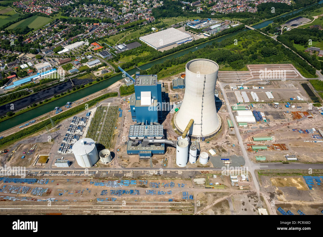 Power station construction EON Datteln 4, construction freeze due to legal problems after a faulty development plan, Dortmund-Ems canal, near the former coal power plant EON Datteln 1-3, Datteln, Ruhr area, North Rhine-Westphalia, Germany Stock Photo