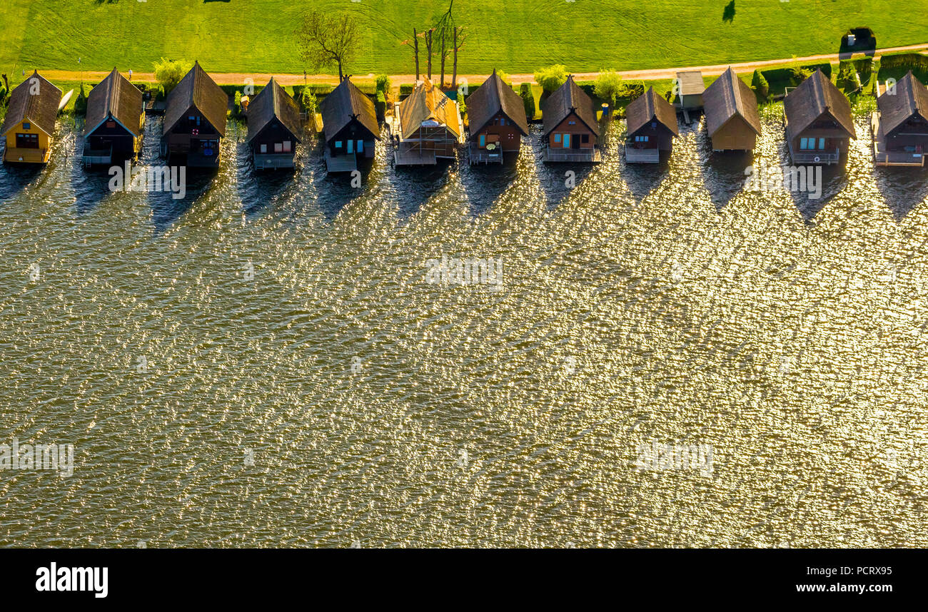 Boathouses on Mirowsee and canal passage to Zotzensee, Mirow, Mecklenburg Lake District, Mecklenburg Lake District, Mecklenburg-Western Pomerania, Germany Stock Photo