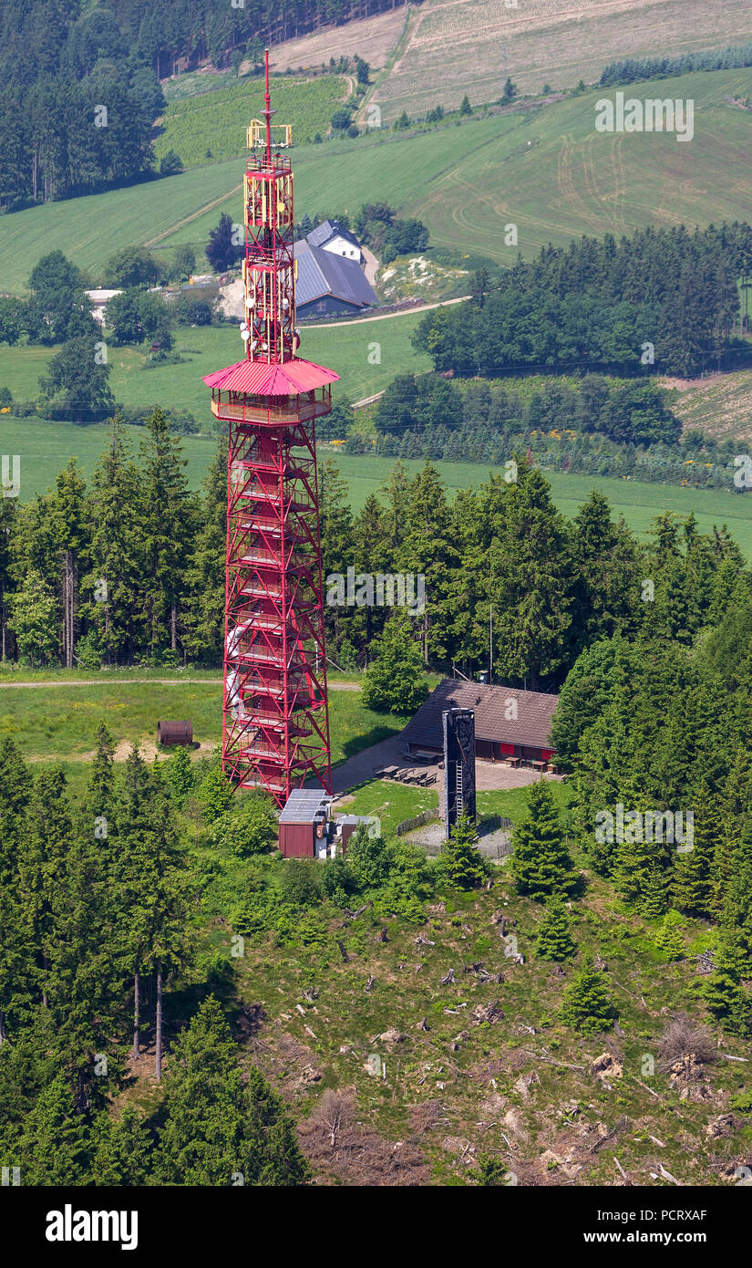 Stüppelturm(tower) on the Stüppel, highest mountain of the municipality Bestwig, aerial view of Bestwig, Sauerland Stock Photo