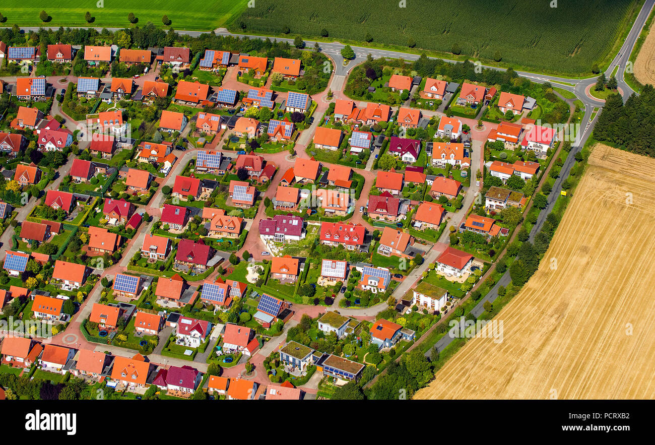 Aerial view, new housing estate, brick buildings with red tiled roofs, single-family houses and terraced housing, home gardens, Billerbeck, Münsterland, North Rhine-Westphalia, Germany Stock Photo