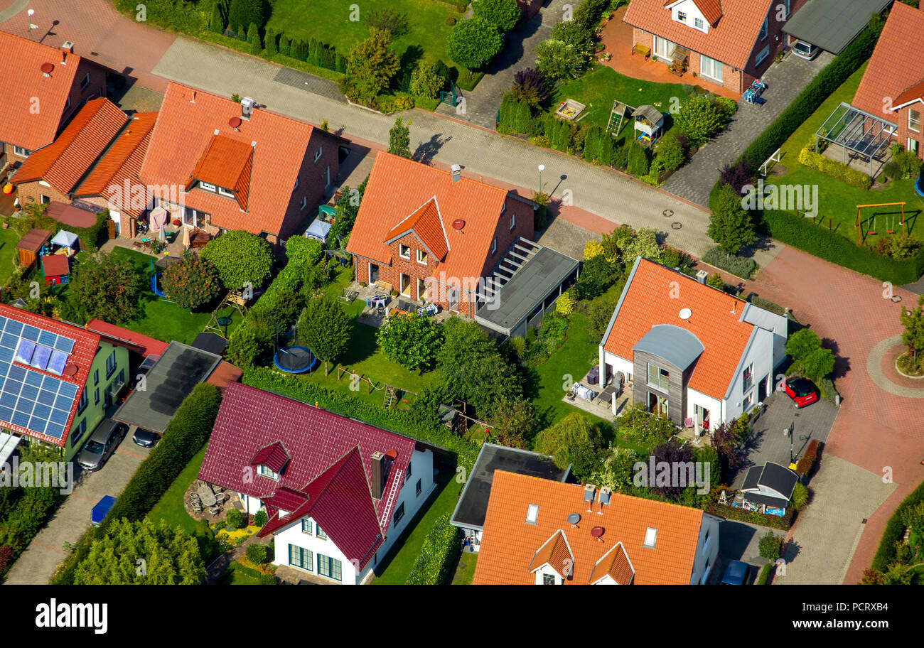 Aerial view, new housing estate, brick buildings with red tiled roofs, single-family houses and terraced housing, home gardens, Billerbeck, Münsterland, North Rhine-Westphalia, Germany Stock Photo