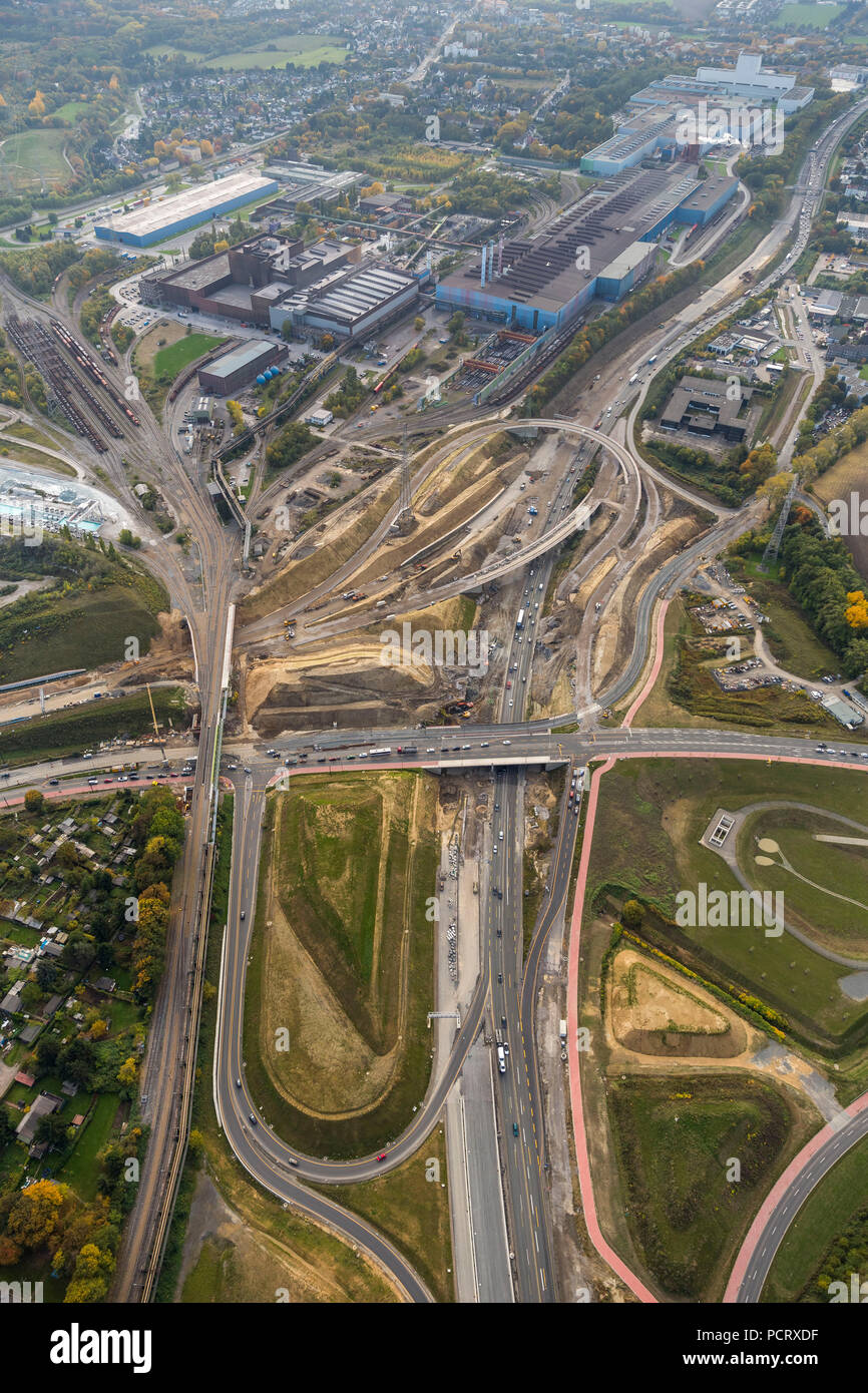 Construction site A40, Ruhrschnellweg, B1 and Donetsk ring, working on bridge, aerial view of Bochum Stock Photo