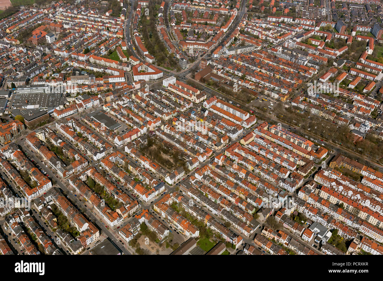 Row of houses in the district Findorff, rented flats, flats, red tile roofs, penthouses, aerial view, aerial photographs of Bremen Stock Photo